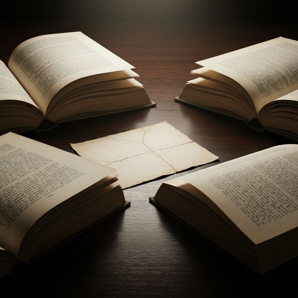 Open antique books and manuscripts on a polished dark wooden table with warm overhead light