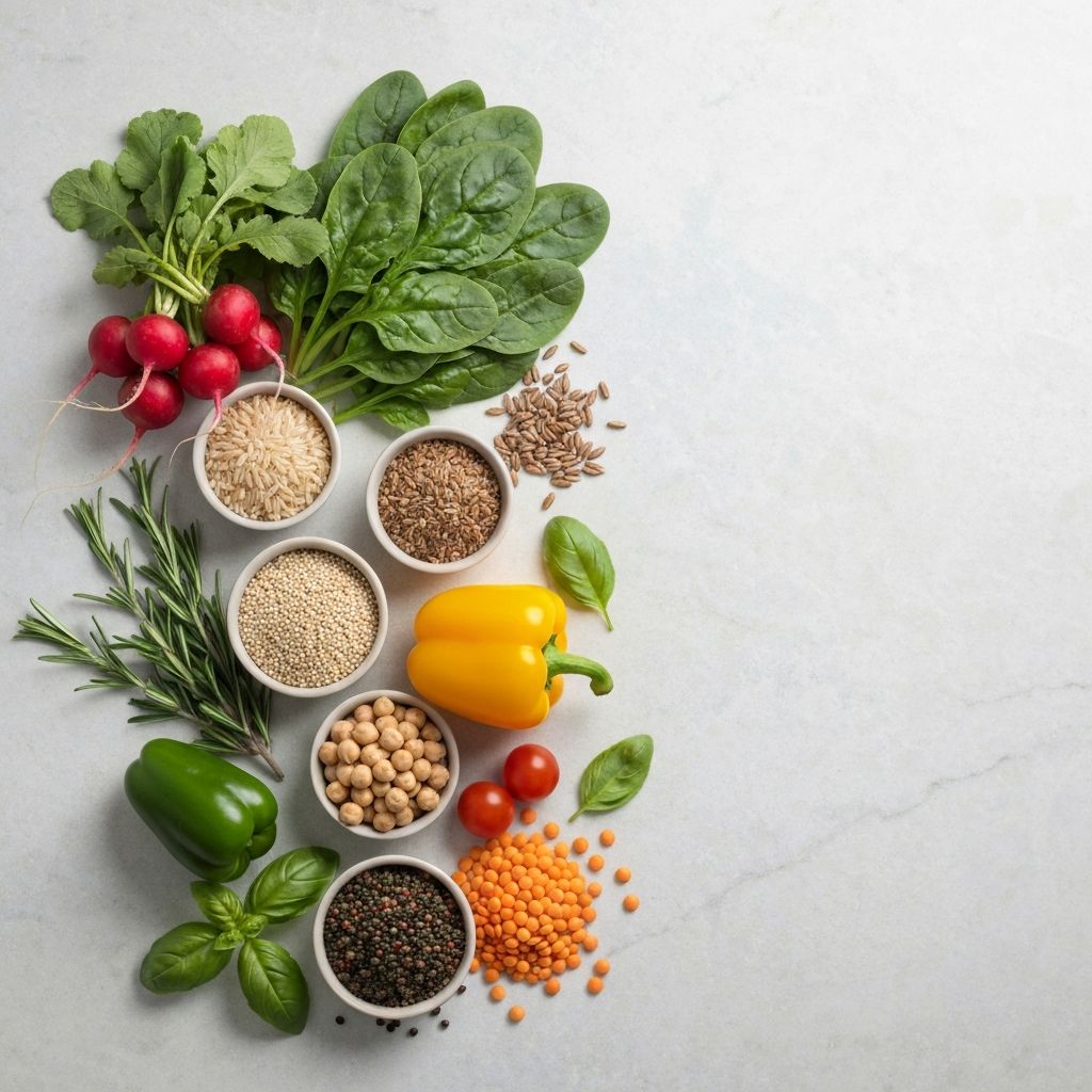 Diverse fresh ingredients and food items arranged as an editorial flat lay