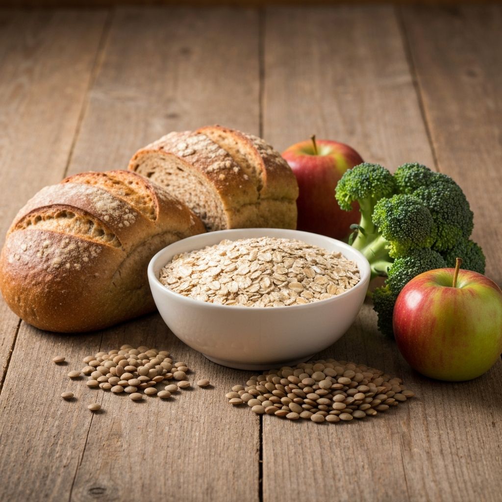 Still life of high-fibre foods including whole grains, lentils, and broccoli with warm natural light