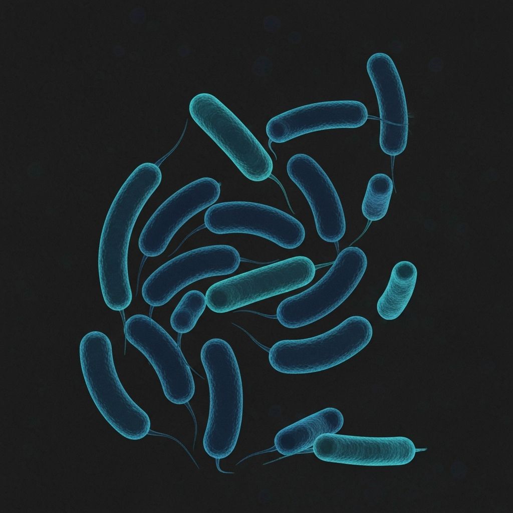 Abstract artistic rendering of gut microbiome with stylized microscopic bacteria shapes in deep blue and teal tones