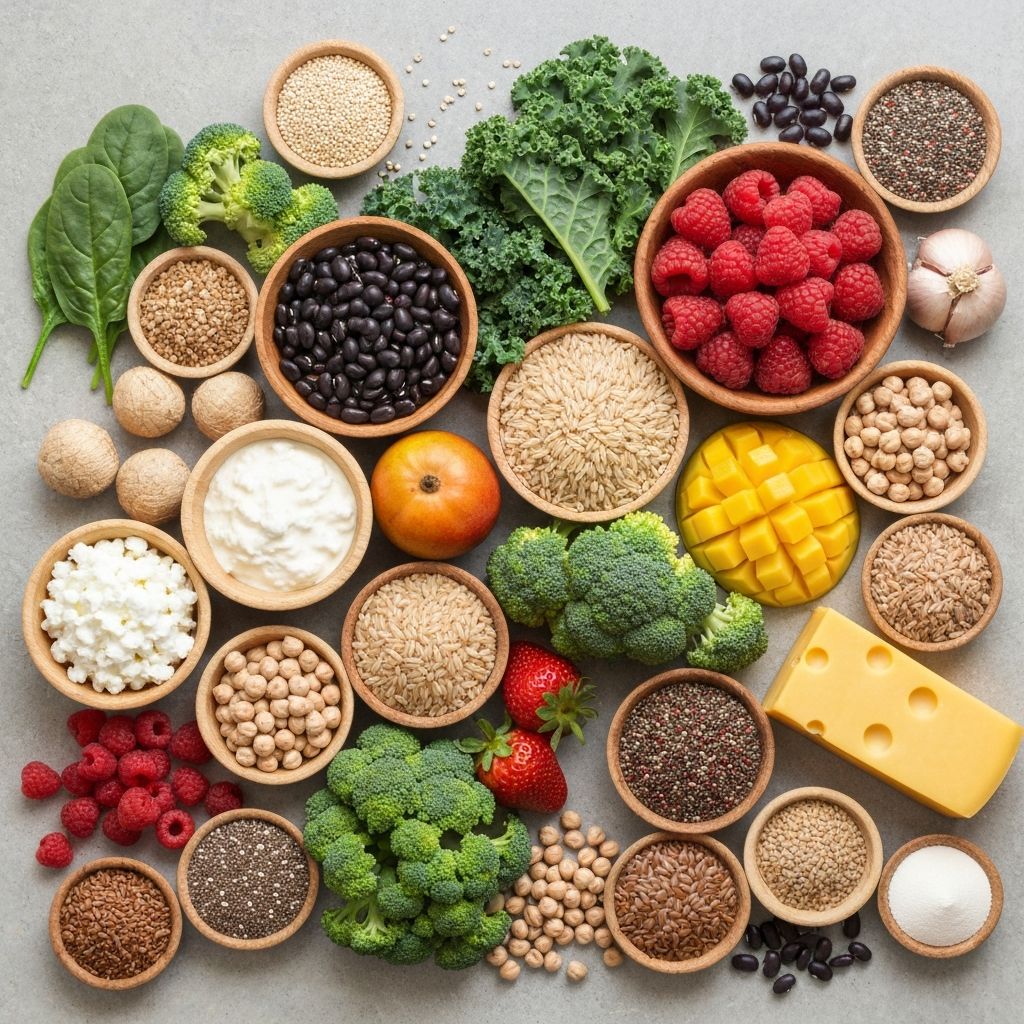 Vibrant diverse spread of raw ingredients from all food groups arranged on a light marble surface