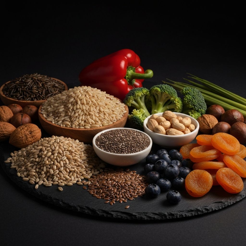 Artistically arranged natural foods on a dark surface with dramatic lighting